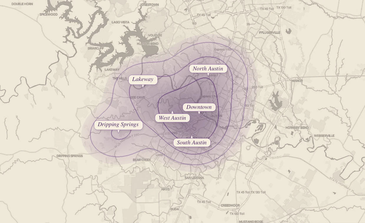 Map of rooms we staff across Greater Austin
